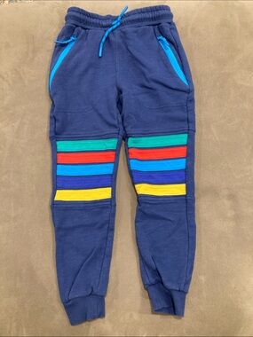 Mini Boden Navy Sweatpants with Bright Multicolor Knee Stripes